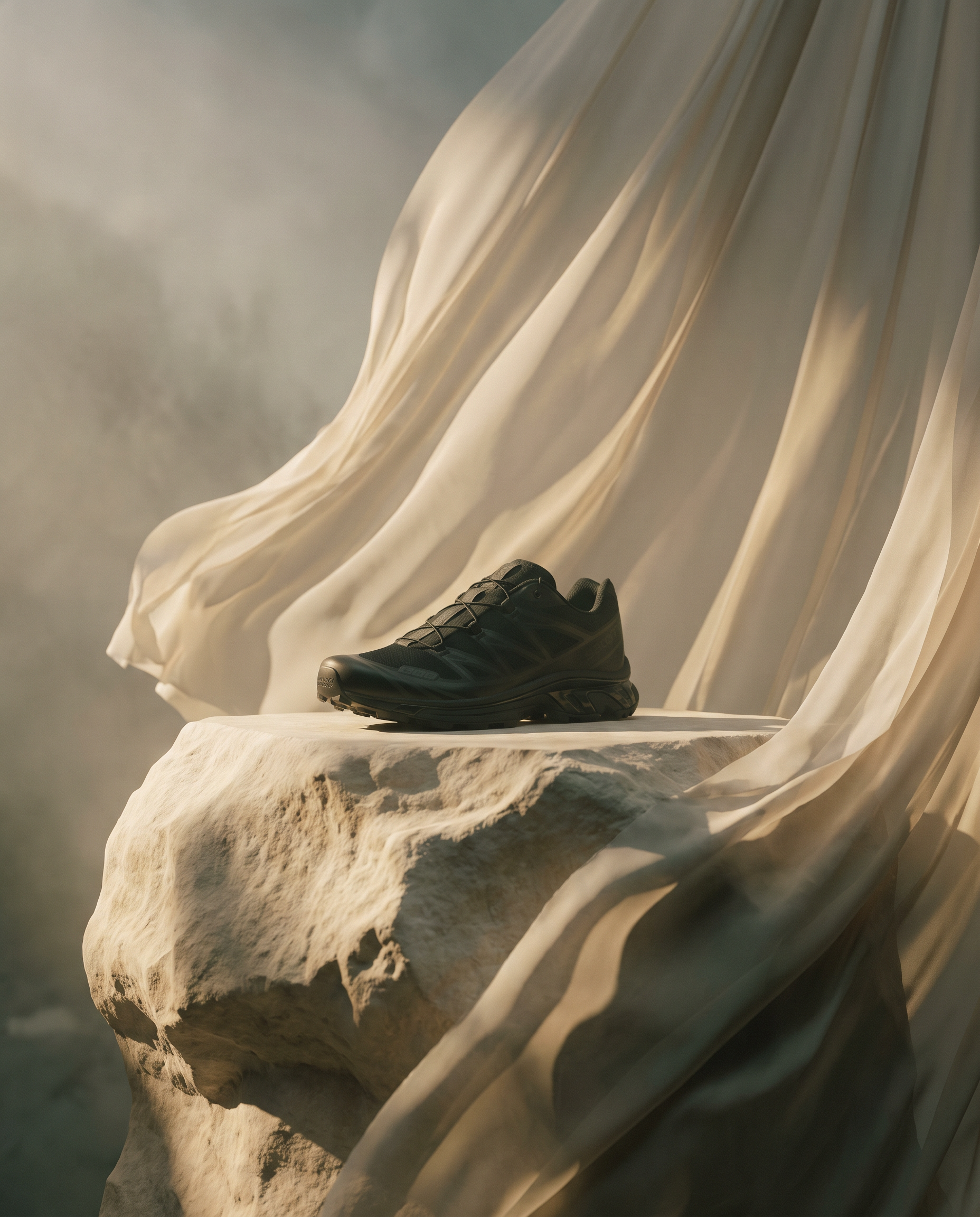 Campaign still of a black running shoe on stone with flowing fabric